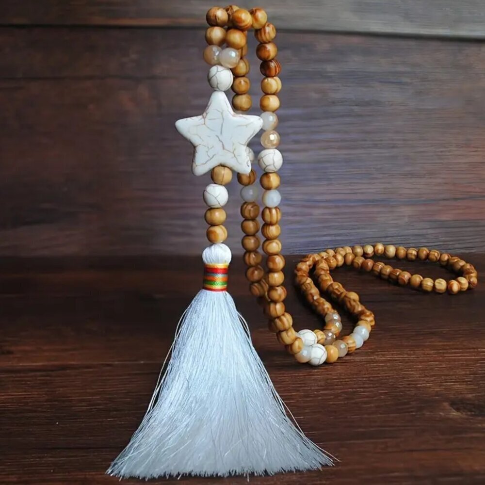 Handmade Boho Tassel Necklace with Wooden Beads & Star – 34.5” Long #1538